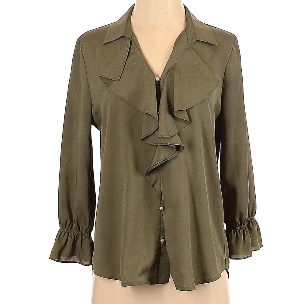 KARL LAGERFELD Bell Sleeve Ruffle Olive Green Pearl Button Top XS